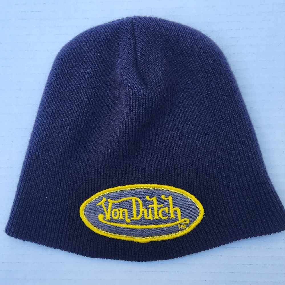 Von Dutch Black Knit Beanie Hat Y2K Logo Patch | Made in USA Streetwear